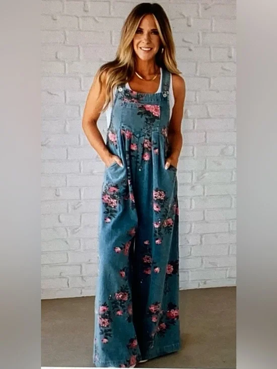 BiBi Blue Floral Denim Jumpsuit with Pink Roses - Picture 4 of 8